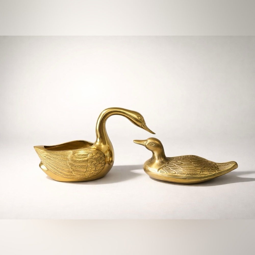 Vintage Brass Duck & Swan Decorative Trinket Bowl and Accent Decor - Gold Tone